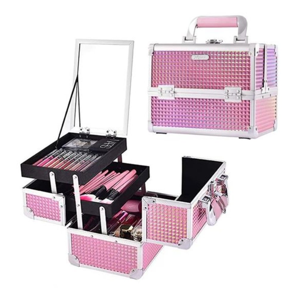 Makeup Train Case Cosmetic Box Portable Makeup Case Organizer 2 Trays Storage